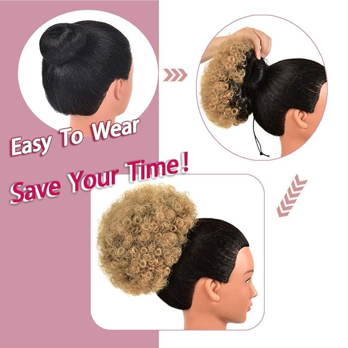 rosmile Afro Puff Drawstring Ponytail Extension for Black Women, Premium Ombre Brown T1B/27# 80gram Short Synthetic Afro Puff Ponytail for Natural Hair, Clip On Kinky Drawstring Curly Ponytail Bun