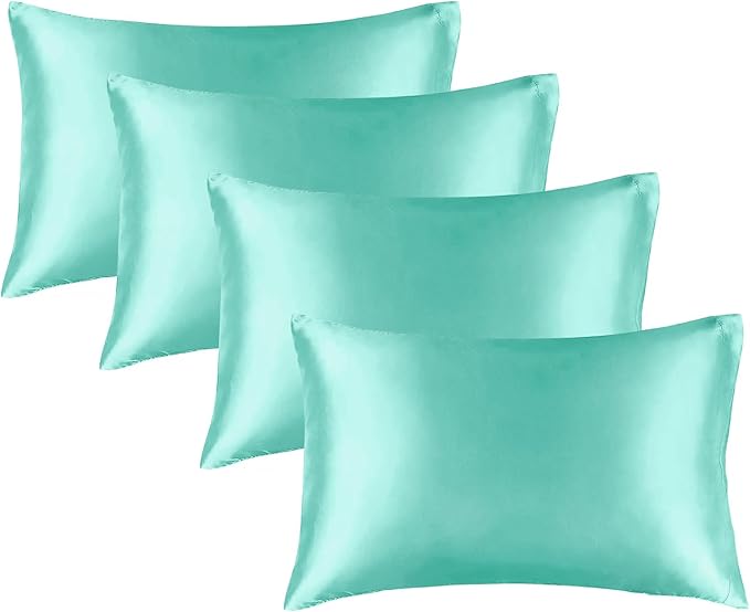 BEDELITE Satin Pillowcase for Hair and Skin, Super Soft Similar to Silk Pillow Cases 4 Pack with Envelope Closure, Cooling Pillowcases for Women Men (20"x30" Queen Size, Turquoise)