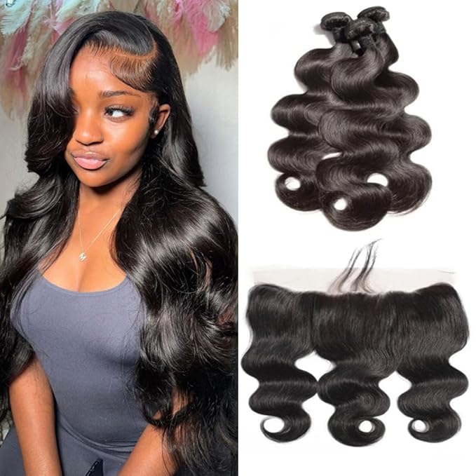 Body Wave 3 Bundles with Frontal Human Hair Bundles with Lace Frontal (26 28 30+20, Natural Black) Brazilian Body Wave Hair Virgin Hair Ear to Ear 13x4 Frontal Natural Black
