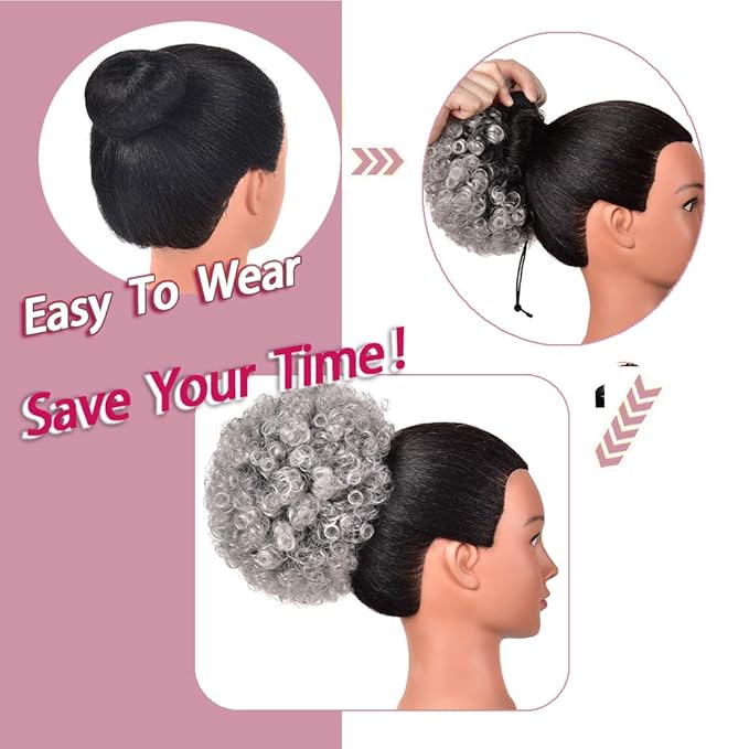 rosmile Afro Puff Drawstring Ponytail Extension for Black Women, Premium Ombre Gray #1BT0906 80 Gram Short Synthetic Afro Puff Ponytail for Natural Hair, Clip On Kinky Drawstring Curly Ponytail Bun