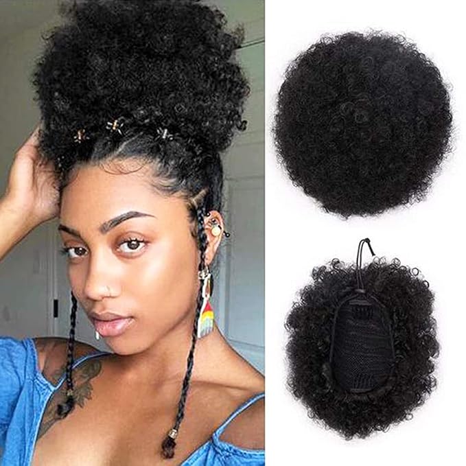 GLAM21USA Afro Puff Drawstring Ponytail Retro Kinky Curly Ponytail Wig Clip in Bun Hair Piece for Black Women Synthetic Hair Extension (SMALL, 1B (Off Black))