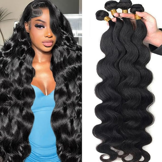 12A Human Hair Bundles Body Wave 100% Unprocessed Brazilian Virgin Hair 4 Bundles Human Hair Extensions Quick Weave Human Hair (4 Bundlles Natural black, 22 24 26 28 Inch)