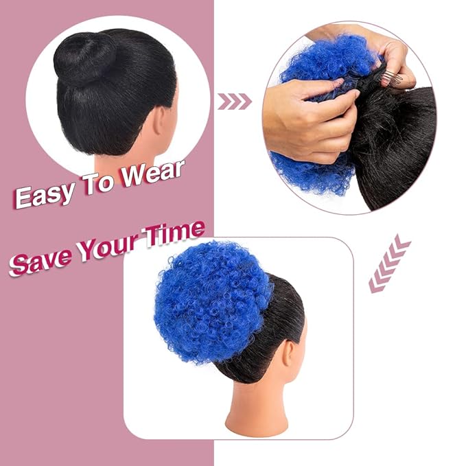 Rosmile Afro Puff Drawstring Ponytail Extension for Black Women - Premium Blue 80 Gram Short Synthetic Clip-on Kinky Curly Bun for Natural Hair