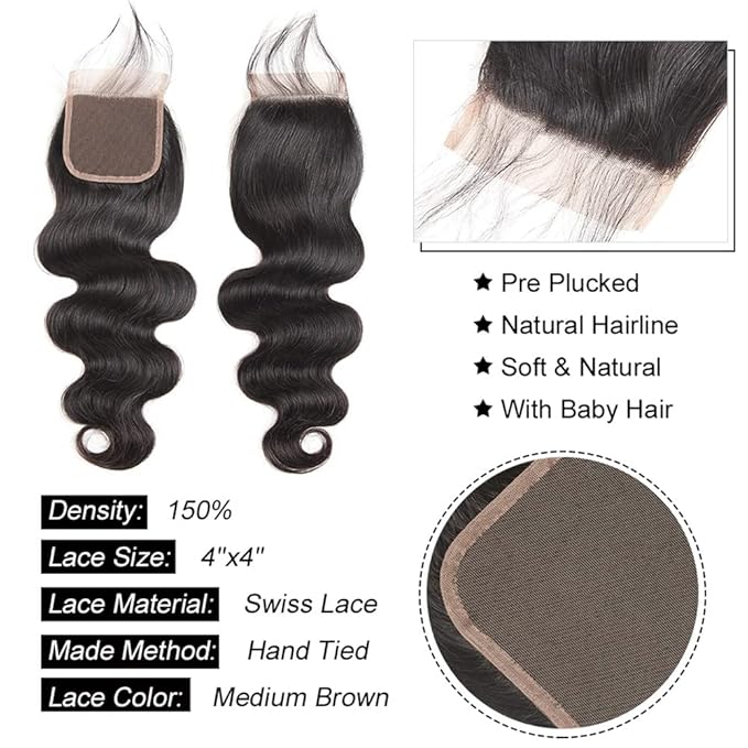 YISEA Body Wave 4 Bundles with Closure(16 18 20 22+14) 100% Unprocessed Brazilian Body Wave Human Hair Bundles with 4X4 Lace Closure Free Part Natural Color
