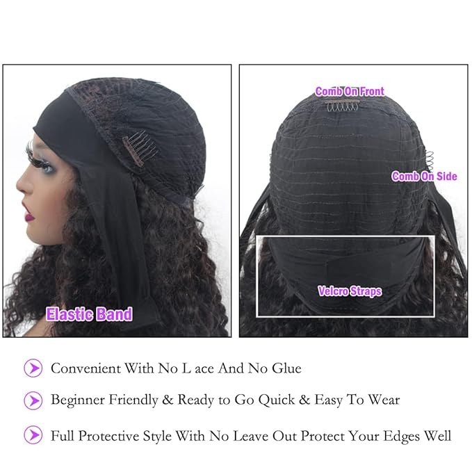 22 Inch Headband Wig Human Hair Water Wave Curly Human Hair Headband Wigs For Black Women Glueless None Lace Front Machine Made Wig 180% Density