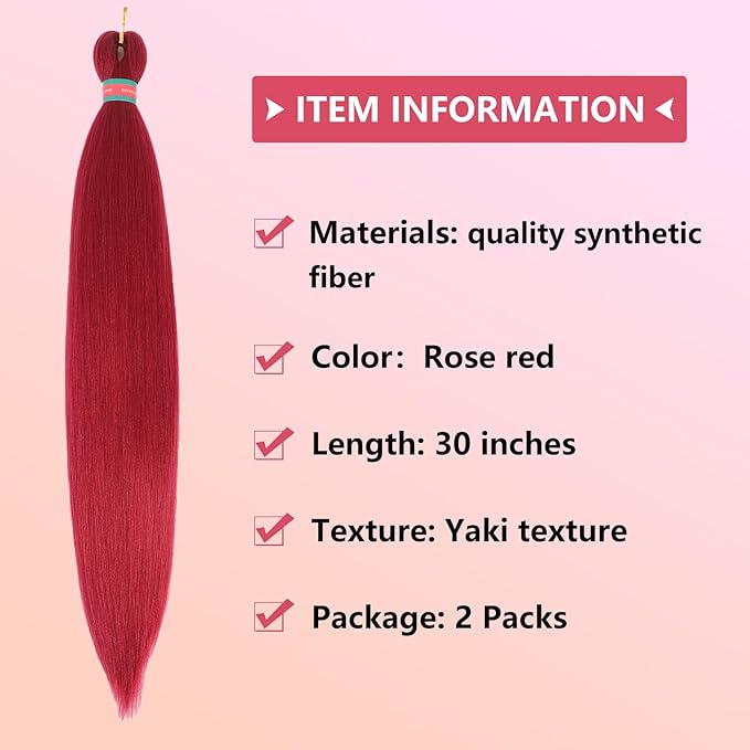 Rose Red Pre stretched Braiding Hair 2 Packs Pre feathered Braid Hair Extensions 30 Inches Hair Braids