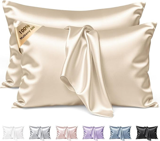 Silk Pillow Cases 2 Pack Standard Size Mulberry Silk Pillowcase Set of 2 for Hair & Skin 26 x 20 Inches 22 Momme Both Sided Grade 6A Silk Soft Breathable Cooling with Hidden Zipper, Beige