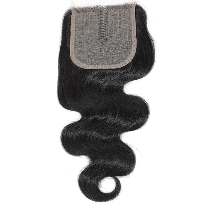 Amella Hair Brazilian Virgin Remy Body Wave Bundles with T Part Closure 4x0.75 Middle Part(12 14 16+12) 8A Body Wave Human Hair 3 Bundles with Closure T-Part Lace Closure Human Hair for Black Women