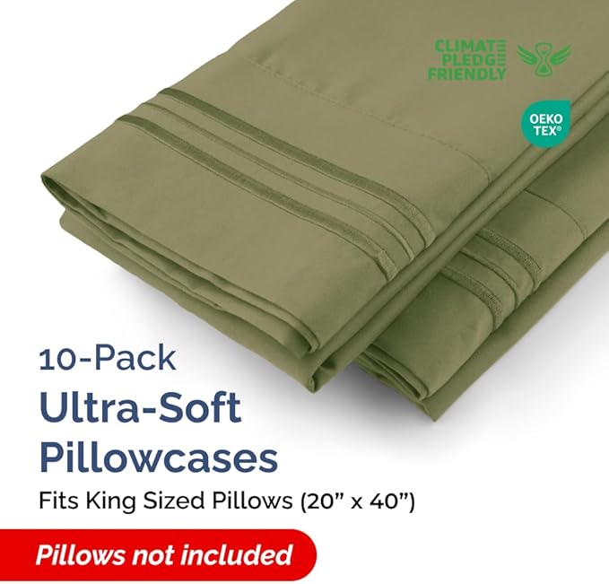 King Pillow Cases Set of 10 - Ultra Soft Hotel Quality Pillowcase Covers - Comfy. Cozy & Wrinkle Free - Shrink, Stain and Fade Resistant - Machine Washable Pillow Protectors - 10 Pcs Set - Sage Green