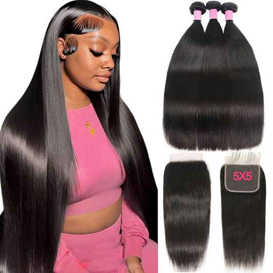 12A Straight Bundles Human Hair with 5x5 Closure 26 28 30+20 Inch Brazilian Human Hair Weave Bundles with 5x5 HD Lace Closure 100% Unprocessed Virgin Hair Extensions
