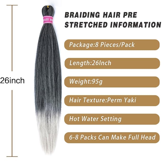 AQINBEL Pre-stretched Braiding Hair 26 Inches -8 Bundles Itch Free Synthetic Fiber Crochet Twist Braids Yaki texture Ombre Braiding Hair Extensions (Black/silver)