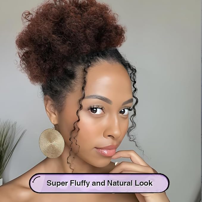 YEAME Afro Puff Drawstring Ponytail for Black Women, Short Kinky Curly Afro Ponytail Synthetic Hair Puffs, Premium Medium Brown Afro Bun Drawstring Ponytail for Women Girls (4 Medium Brown)