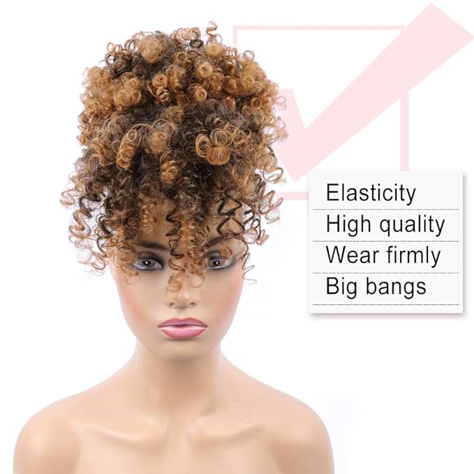 ENTRANCED STYLES Drawstring Ponytail with Bangs Afro Puff Ponytail Extensions for Women Short Curly Puff Ponytail with Bangs Clip in Wrap Updo Hairpiece for Women(#T30)