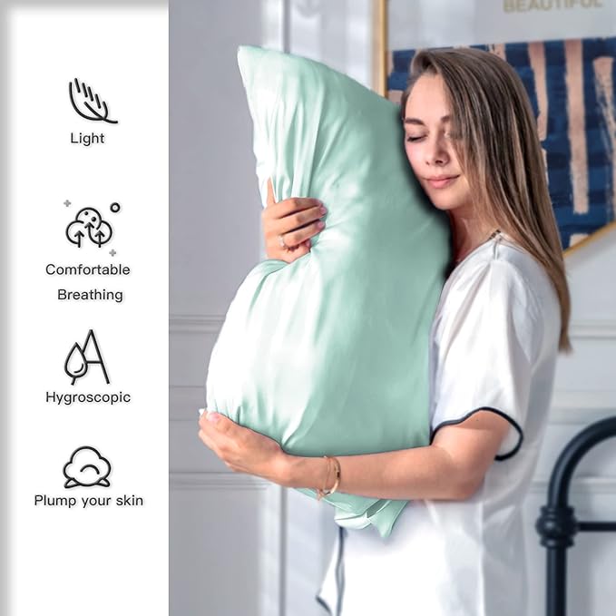 SUATIEN Mulberry Silk Pillow Cases Queen Size Silk Pillowcase for Hair and Skin with Zipper Soft Breathable Smooth Cooling Silk Pillow Case for Sleeping,Gifts for Women (Sage Green,20"X 30",1Pcs)