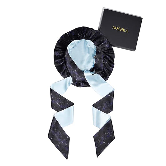 100% Mulberry Silk Bonnet for Sleeping Women, Handmade in USA 19 Momme Double Layer Reversible Silk Hair Wrap with Adjustable Ties, Non-Slip Sleep Cap for Curly & Natural Hair (Midnight)