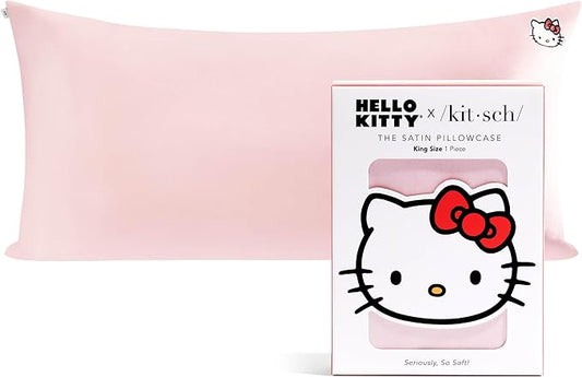 Kitsch x Hello Kitty Pillow Case – Pink Kitty Face Toddler Bed Time Satin Pillowcase with Zipper – Soft Cooling Pillow Cover for Hair & Skin – Better Than Silk Pillowcase – King Size 19x36