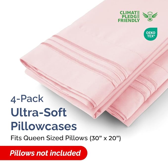 Queen Pillow Cases Set of 4 - Ultra Soft Hotel Quality Pillowcase Covers - Comfy, Cozy & Wrinkle Free - Shrinkage, Stain & Fade Resistant - Machine Washable Pillow Protectors - 4 Piece Set - Baby Pink