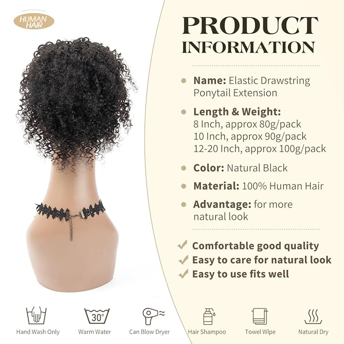 isheeny Human Hair Drawstring Ponytail for Black Women Natural Black Curly Extension 10Inch Instant Volume & Length for Everyday/Party