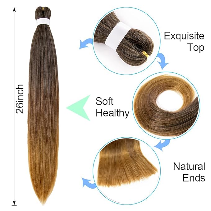 8 Pack Ombre Braiding Hair Pre Stretched - 26" 100G/Pack Premium Pre Stretched Braiding Hair Extensions, Professional Itch Free Hot Water Setting Perm Yaki Texture Prestretched Hair(1B3027)