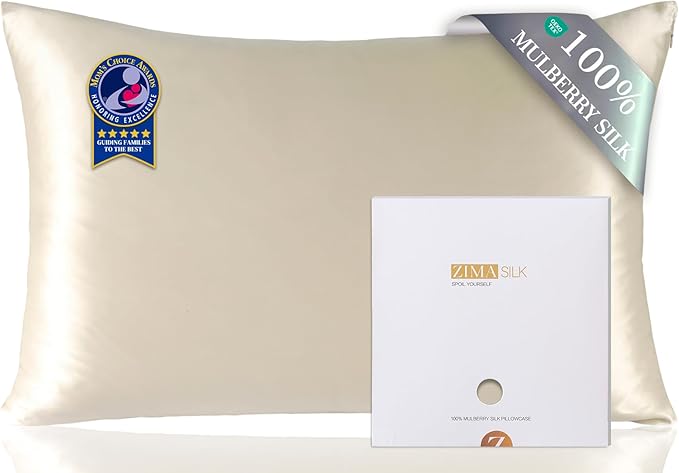 ZIMASILK 100% Pure Mulberry Silk Pillowcase for Hair and Skin Health,Soft and Smooth,Both Sides Premium Grade 6A Silk,600 Thread Count,with Hidden Zipper,1pc(Standard 20''x26'',Beige)