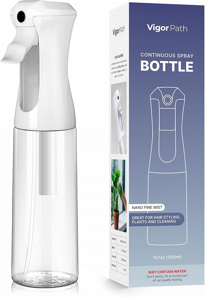VIGOR PATH Continuous Spray Bottle for Hair – Fine Mist Mister for Styling, Cleaning, Plants, Pets, Salons, and Essential Oil Use (300ml / 10.1 oz, Clear)