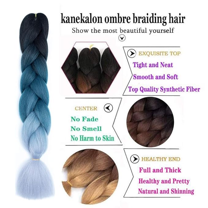 Xiaofeng Braiding Hair Extensions for Women 6 Packs 100g/Pack 24Inch High Temperature Ombre Jumbo Synthetic Braiding Hair for Twist Crochet Braids (24 Inch, black-dark blue-silver gray)