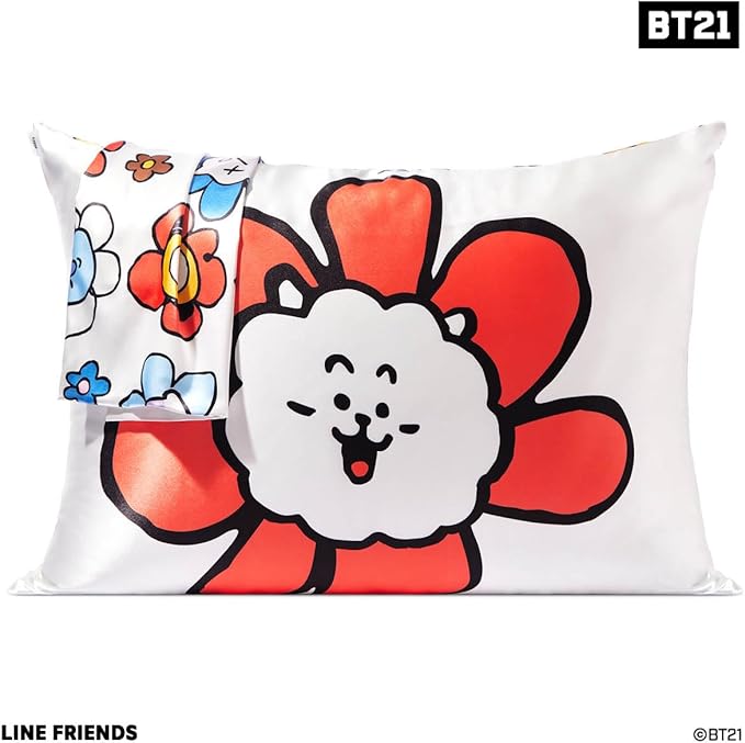 Kitsch x BT21 Satin Pillowcase with Zipper – Better Than Silk Pillowcase, RJ Character & Funky Floral Print – Soft Cooling Toddler Bed Time Pillow Case for Hair & Skin – Queen/Standard 19x26