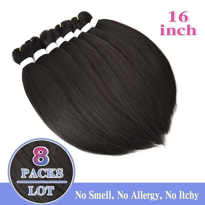 8 Pack Pre Stretched Extensions - 16" Premium Braiding Hair, 55G/Pack, Itch-Free, Hot Water Setting, Perm Yaki Texture (#1B)