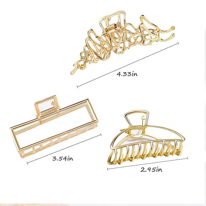 Mehayi 3 PCS Large Gold Metal Hair Claw Clips for Women Girls, Cute Alloy Big Hair Clamps Strong Hold for Thick Thin Hair, Fashion Hair Accessories Headwear Styling Tools for Party Wedding