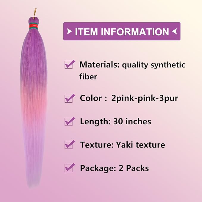 Purple/Pink Pre stretched Braiding Hair 2 Packs Pre feathered Braid Hair Extensions 30 Inches Synthetic Hair Braids