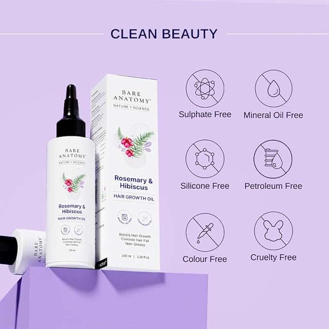 Bare Anatomy Nature x Science Rosemary Hibiscus Hair Growth Oil for Women & Men | Helps Hair Growth & Strengthens Hair | Nourishes Scalp & Controls Hair Fall | Suitable for All Hair Types-100ml