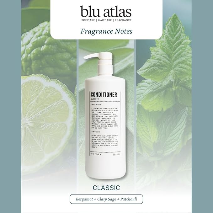 Blu Atlas Men's Natural Conditioner – Organic, Sulfate-Free, Paraben-Free – Deep Moisturizing & Scalp Soothing – Classic Scent (Bergamot, Sage, Patchouli) – Made in America – 32 oz