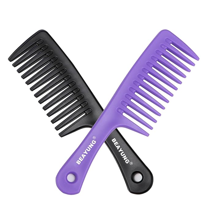 2 PCS Large Wide Tooth Comb, Shower Combs for Women, Curly Hair Brush, Detangling Comb, Hair Styling, Hairdressing Tool (1Black,1Purple)