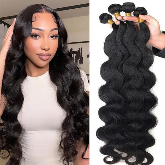 Body Wave Bundles Human Hair 100% Unprocessed Brazilian Virgin Human Hair(14 16 18 20 Inch)12A Body Wave 4 Bundles Hair Weft Quick Weave for Black Women Natural Color