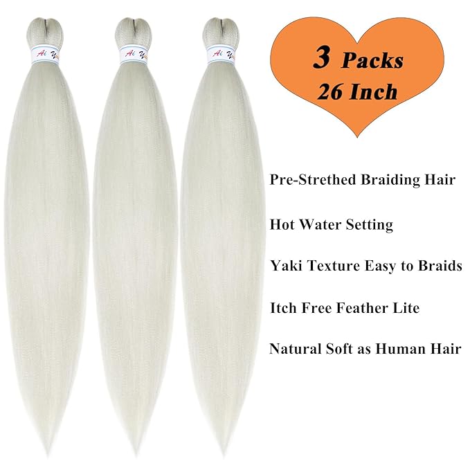 Silver Grey Braiding Hair Pre Stretched Hypoallergenic Gray Braiding Hair Extensions for Braiding Box Braids Micro Long Jumbo Knotless Kids Crochet Prestressed Braiding Hair 26 inch 3 packs