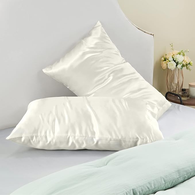 BEDELITE Satin Pillowcase for Hair and Skin, Super Soft and Cooling Similar to Silk Pillow Cases 2 Pack with Envelope Closure, Gift for Women Men(20"x26" Standard Size, Ivory)