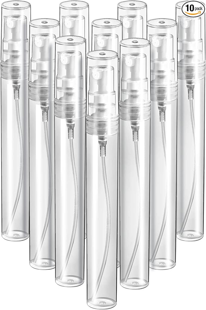 FANDAMEI Mini Clear Spray Bottle, 10 Pack 8ml Mini Plastic Spray Bottle Empty, Fine Mist Refillable Mini Perfume Bottle, Perfume Atomizer, Small Empty Sample Containers, Plastic Portable Travel Bottle