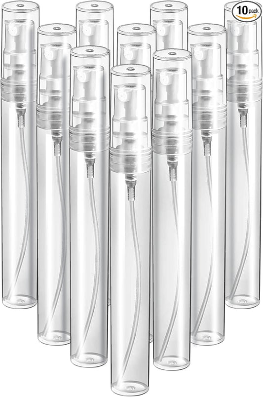 FANDAMEI Mini Clear Spray Bottle, 10 Pack 8ml Mini Plastic Spray Bottle Empty, Fine Mist Refillable Mini Perfume Bottle, Perfume Atomizer, Small Empty Sample Containers, Plastic Portable Travel Bottle
