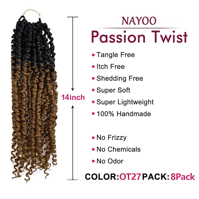 NAYOO Passion Twist Hair - 8 Packs 14 Inch Passion Twist Crochet Hair For Women, Crochet Pretwisted Curly Hair Passion Twists Synthetic Braiding Hair Extensions(14 Inch 8 Packs, OT27)