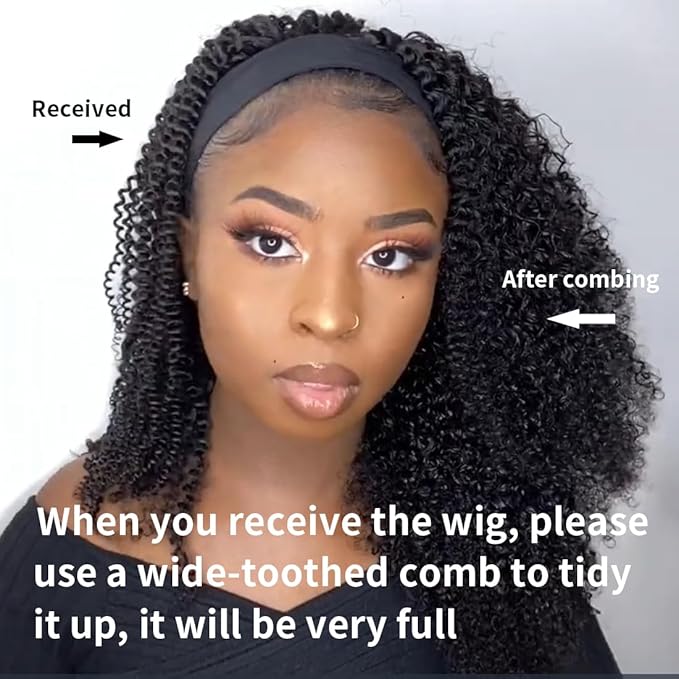 XSY Headband Wig Human Hair Kinky Curly 20 Inch Headband Wigs for Black Women Deep Curly Human Hair Wigs None Lace Front Wig 150% Density Natural Black Color