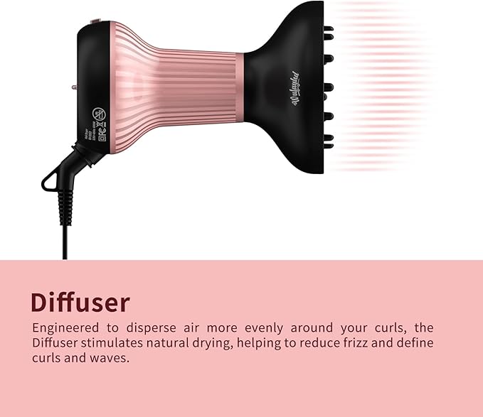 Diffuser Hair Dryer for Curly Hair with Ceramic Technology, Lightweight Elegance, 2-in-1, Gifts for Her, Reduces Frizz, Enhances Curls, Volumizes, Portable Hair Dryer, ALCI Safety Plug