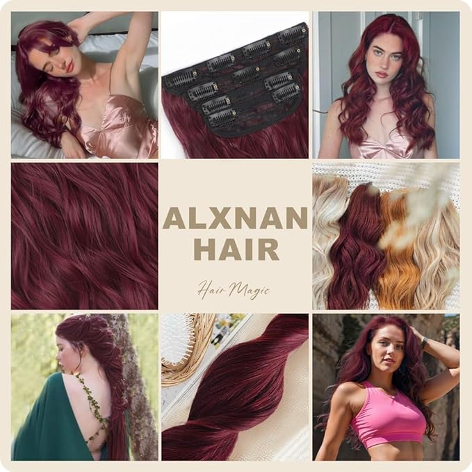 ALXNAN Clip in Long Wavy Synthetic Hair Extension 24 Inch Burgundy 4PCS Thick Hairpieces Fiber Double Weft Hair for Women