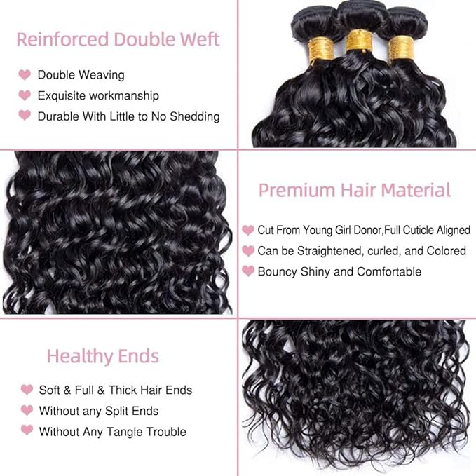 Water Wave Human Hair Bundles 20 22 24 26 Inch Burmese Curly 4 Bundles Human Hair 12A Unprocessed Brazilian Virgin Hair with Long-Lasting Curls Natural Black