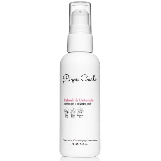 Rizos Curls Travel Refresh & Detangle Spray, Moisturizing Leave-In, Hydrate & Reduce Frizz, Add Shine & Definition with Coconut Oil, Aloe Vera & Shea Butter, 2.5 oz