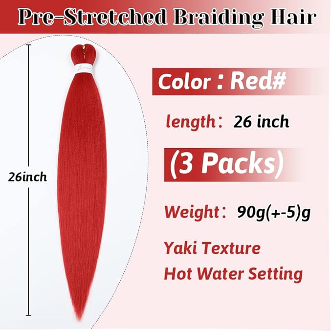 Red Braiding Hair Pre stretched 26 Inch Pre stretched Braiding Hair Extensions Yaki Braids Hair Hot Water Setting Synthetic Hair Colored Braiding Hair Pre stretched Crochet Hair(26 Inch,3 Packs,Red#)
