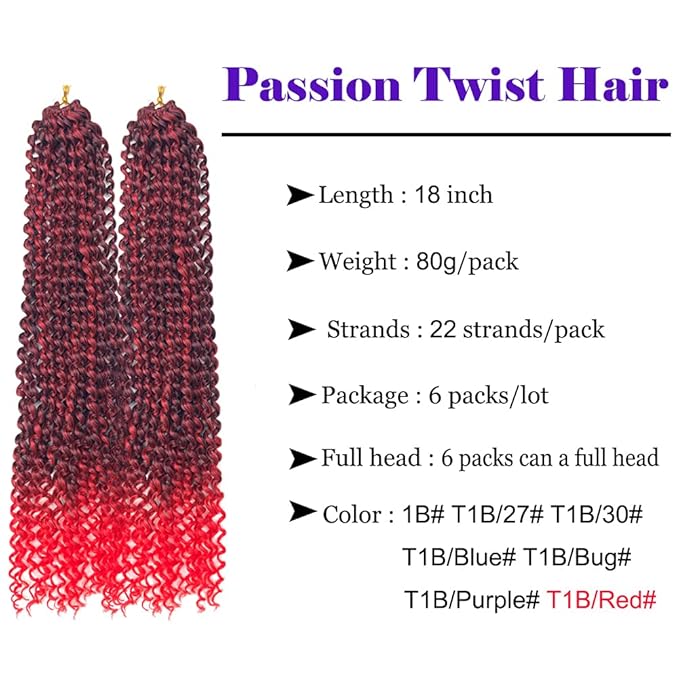 6 Packs Passion Twists Hair 18inch Ombre Red Water Wave Crochet Hair for Butterfly Soft Locs Synthetic Crochet Hair Passion Twist Long Bohemian Locs Braiding Hair Extensions (18inch T1B/Red#)