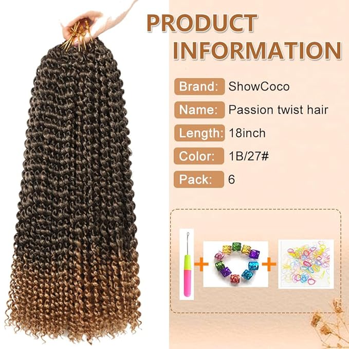 Passion Twist Hair 18 Inch 6 Packs Water Wave Crochet Hair Synthetic Braids for Passion Twist Crochet Braiding Hair Goddess Locs Long Bohemian Locs Hair (18 Inch, #1B/27)