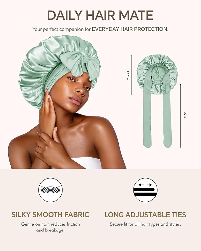 Silk Bonnet for Sleeping Women Double Layer Hyaluronic Acid Satin Bonnet with Adjustable Tie Band Sleep Cap for Curly Hair