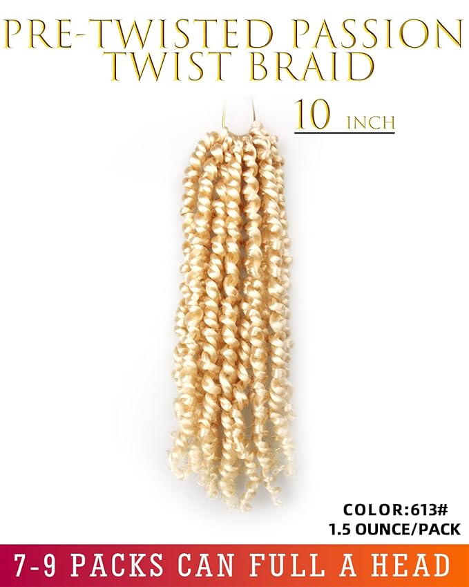 10 Inches 8 Packs Pre Looped Pretwisted Passion Twist Crochet Hair,Blonde Off-white,Soft Hair Extensions Braided by Synthetic Spring Kinky Twist Bohemian Curls(10"-8 Packs,613#)