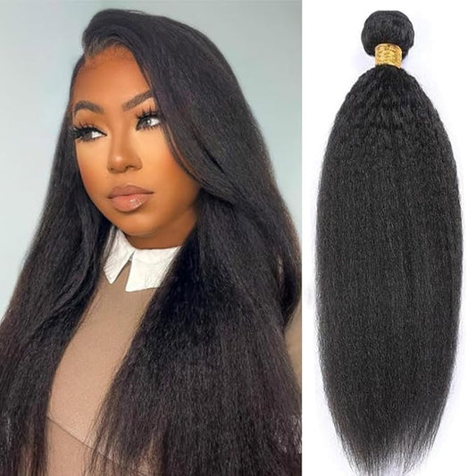 Kinky Straight Bundles Human Hair 14 Inch Yaki Straight Bundles Real Human Hair 100% Unprocessed Brazilian Deals Kinkycurly Hair Extensions Single Bundle, Style Keep Texture Silky Soft Natural Black